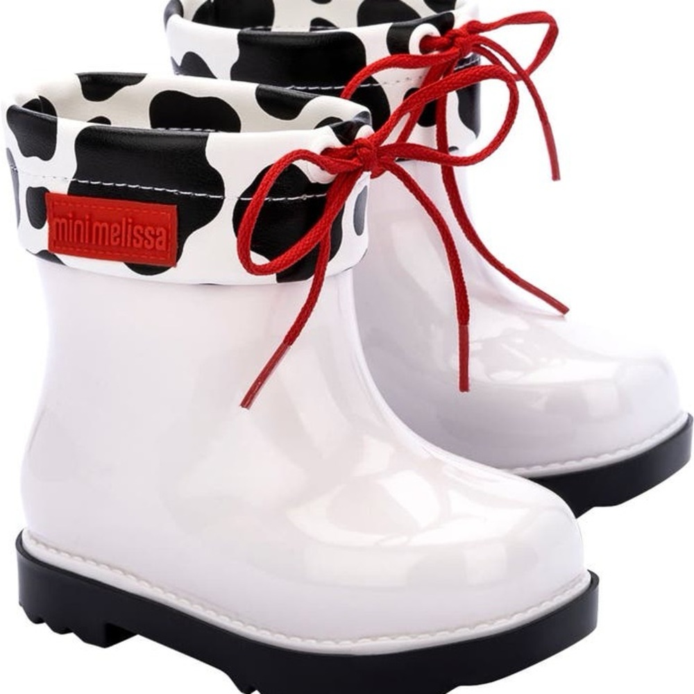 Mini Melissa White Kids Rain Boots with Black Cow Print Cuff and Red Laces